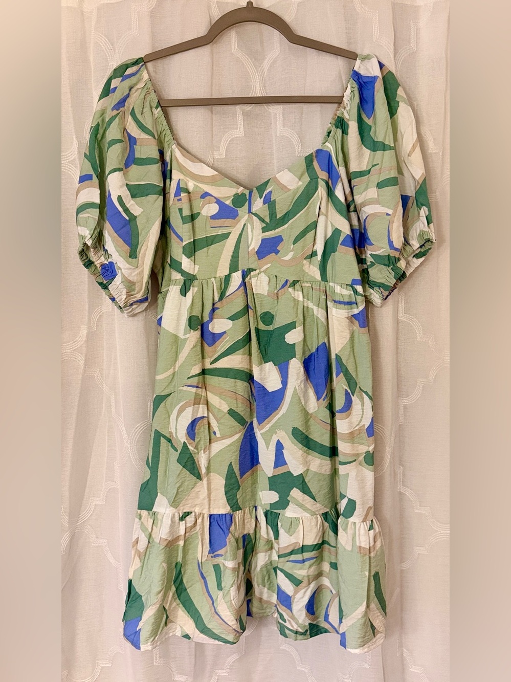 Nine West NWT Large Green Blue Abstract Puff Sleeve Mini Dress